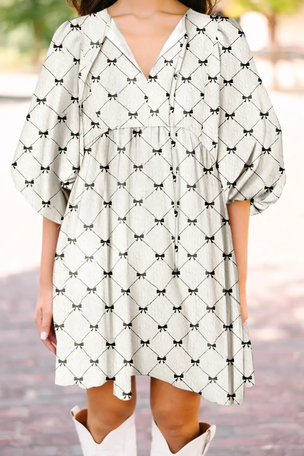 Textured Tie Detail Puff Sleeve Mini Dress