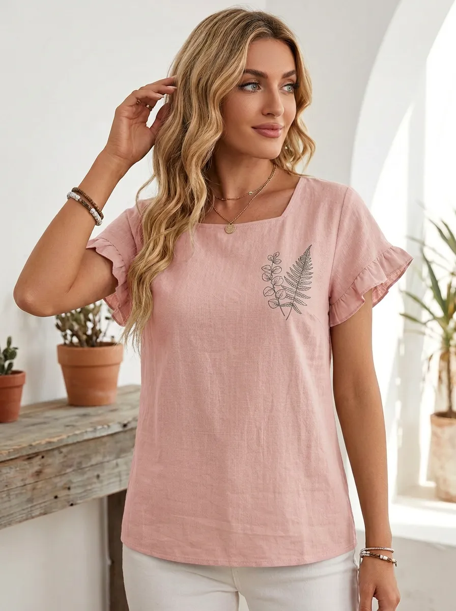 Women's Botanical Nature Lover Fern Leaf Printed Ruffle Sleeve Top