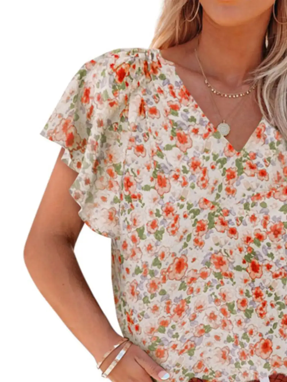 Floral Print Flutter Sleeve V Neck Blouse