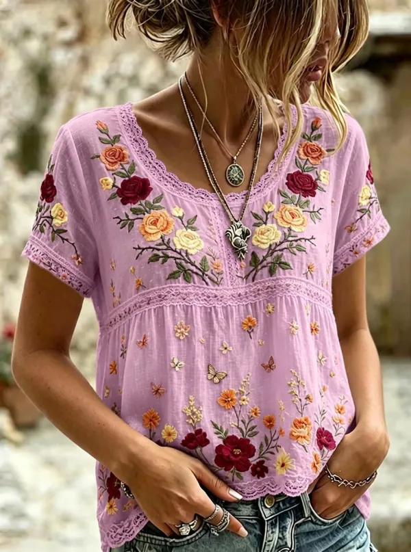 Women's Floral Boho Rose Butterfly Embroidered Printed T-shirt