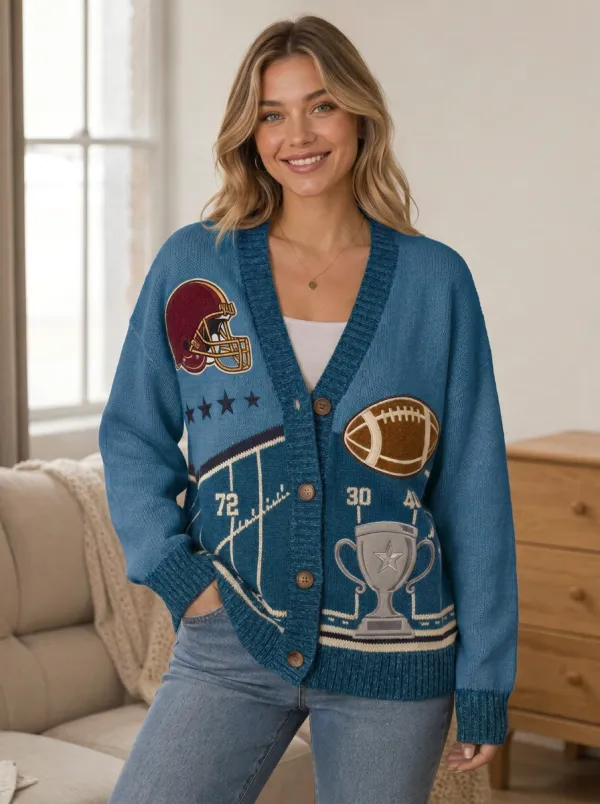 Women's American Football Lover Helmet Trophy Patch Knitted Cardigan