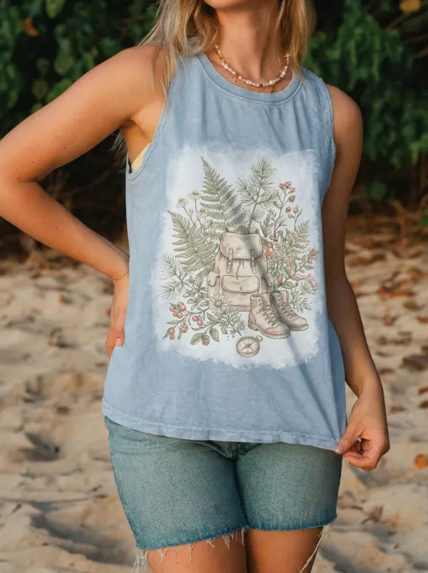 Women's Hiking Lover Backpack Fern Compass Printed Tank Top
