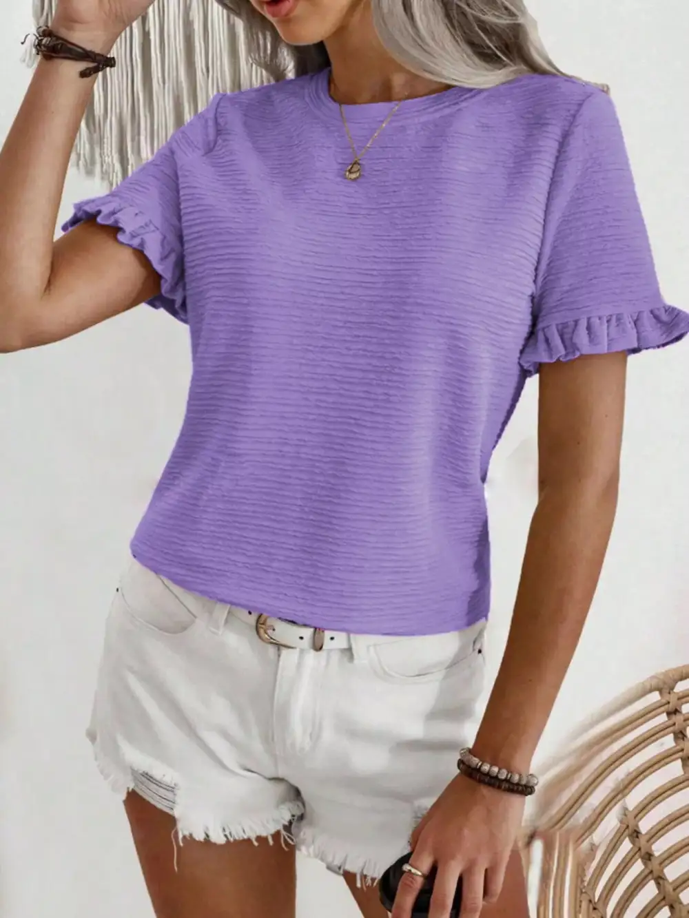 Textured Ruffle Sleeve Round Neck Blouse