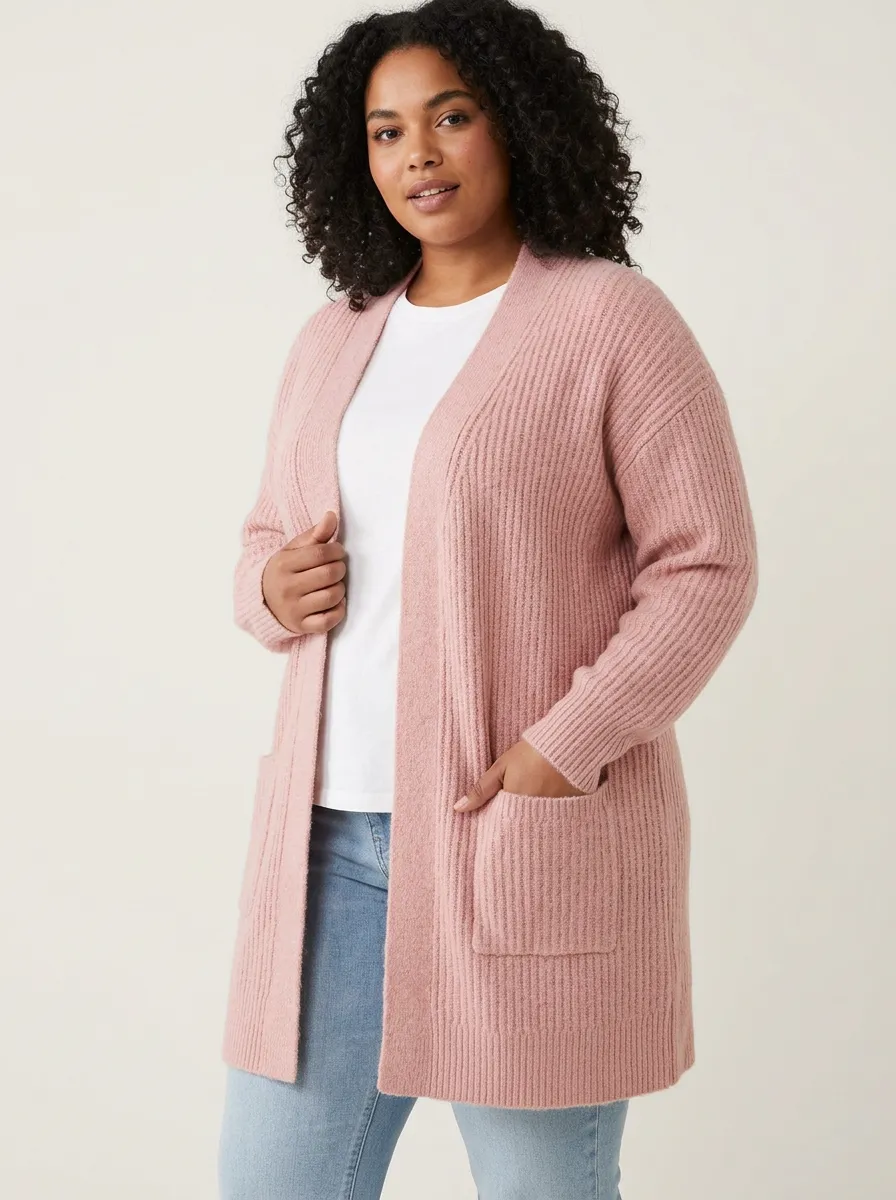 Women's Pink Ribbed Knit Open Front Cardigan