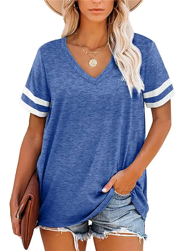 Relaxed Short Sleeve Contrast Stripe V-Neck T-Shirt