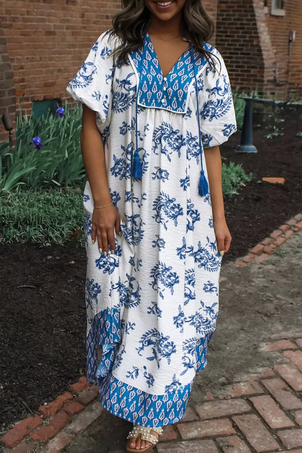 Contrast Boho Patchwork V Neck Loose Midi Dress