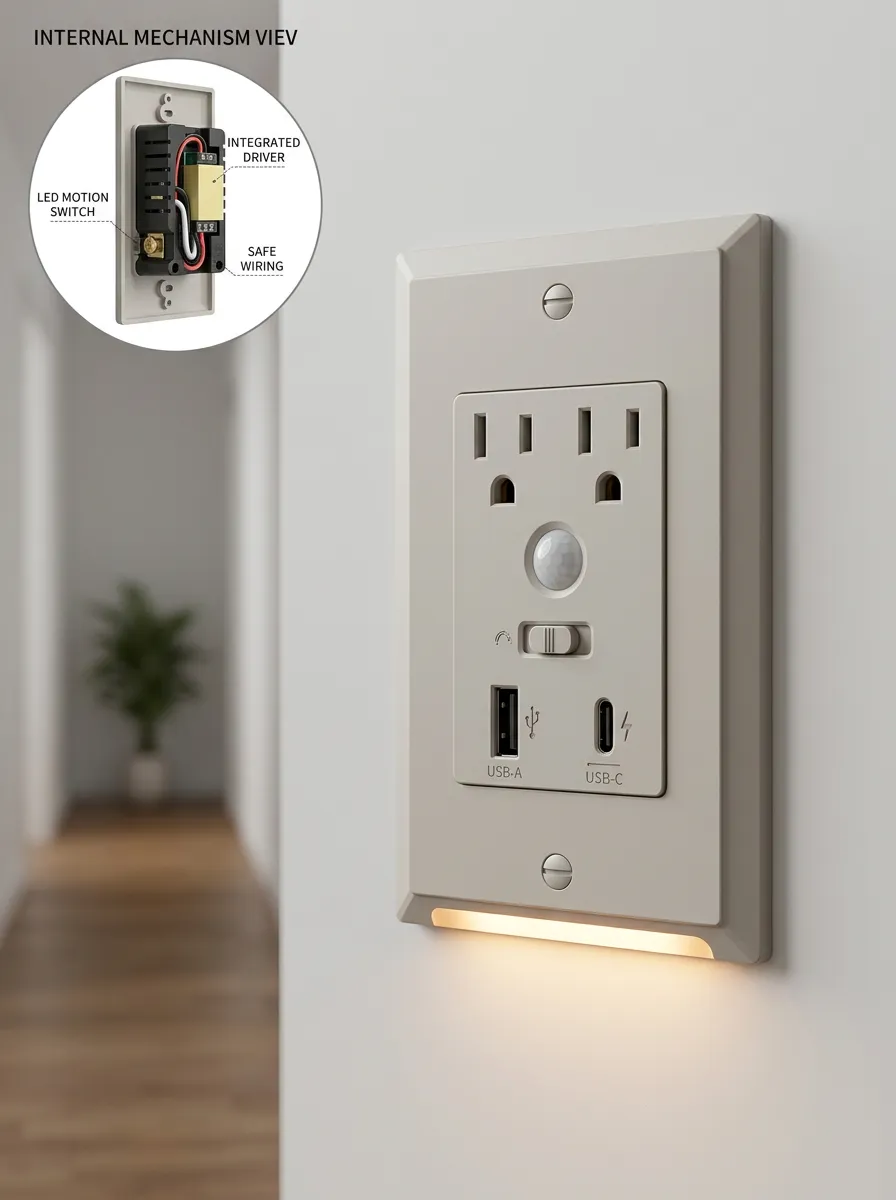 Motion Sensor USB-C Integrated LED Outlet Cover