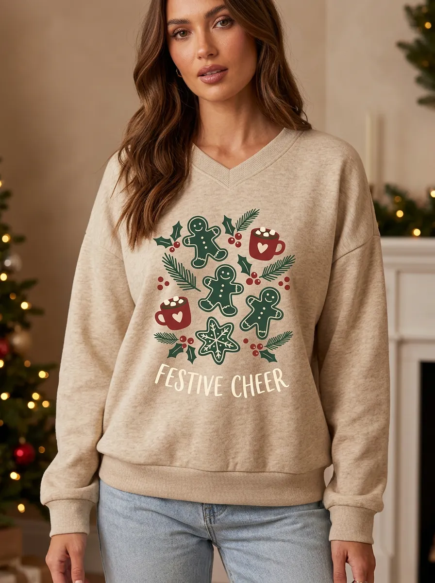 Festive Christmas Gingerbread Man Cocoa Print Sweatshirt