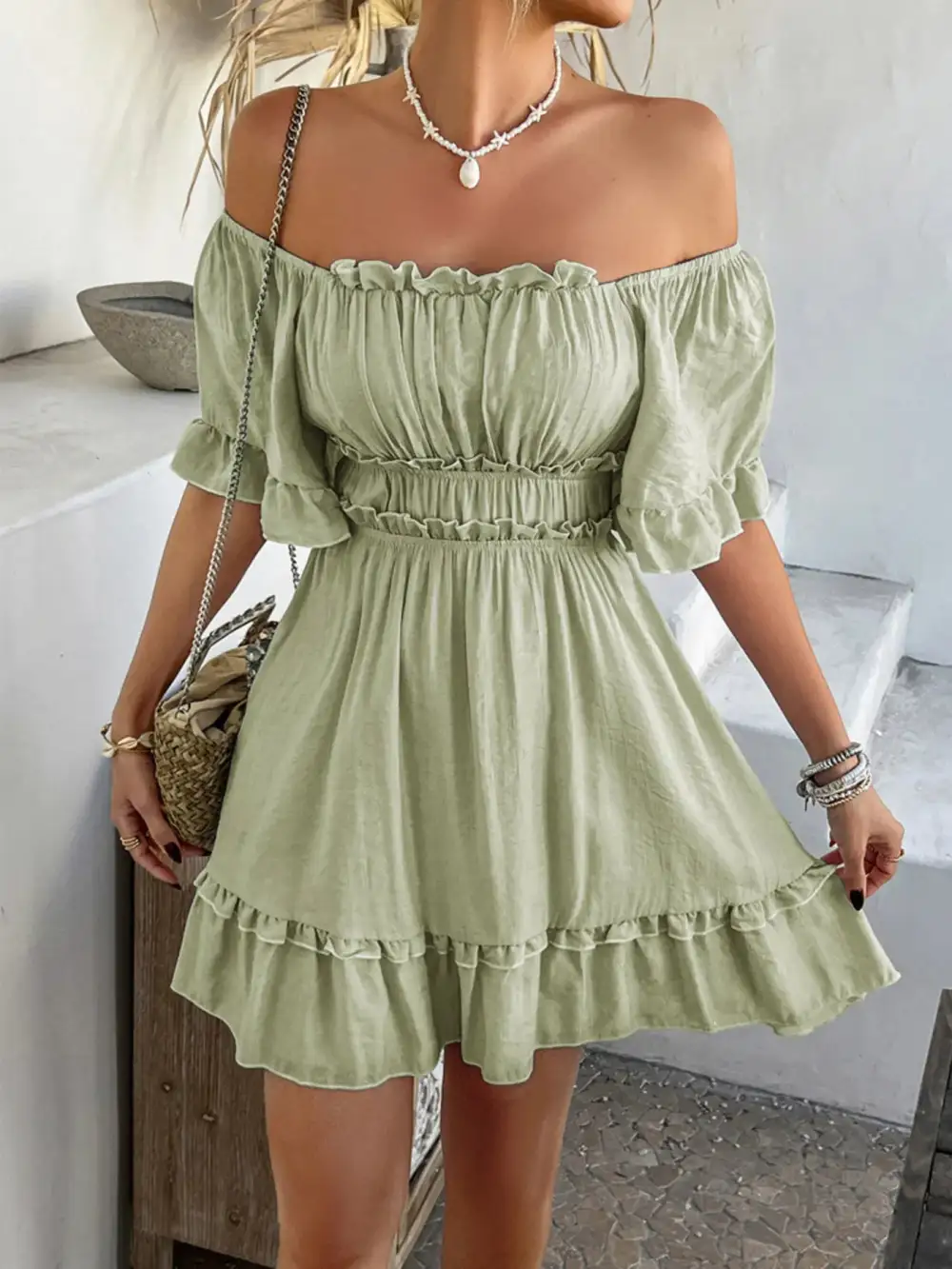 Square Neck Ruffle Mini Dress