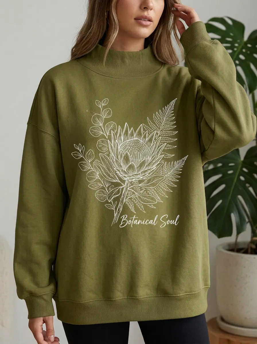 Botanical Soul Protea Flower Mock Neck Sweatshirt