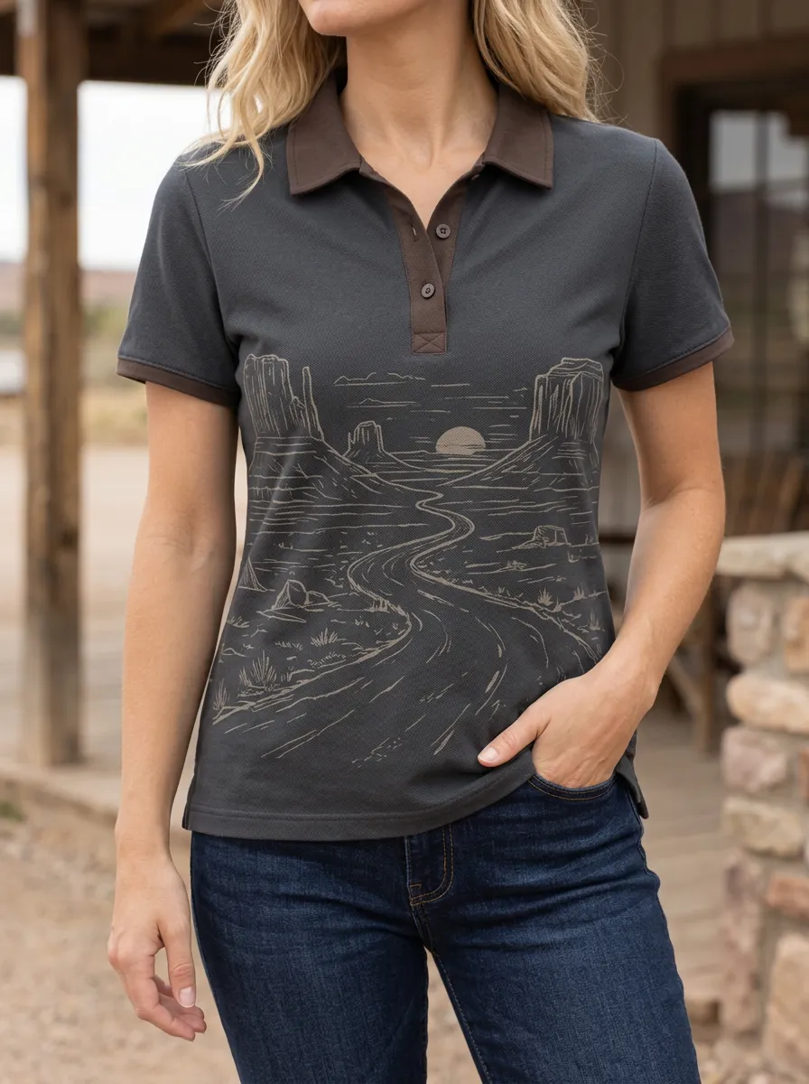 Women's Desert Landscape Road Trip Printed Polo Shirt