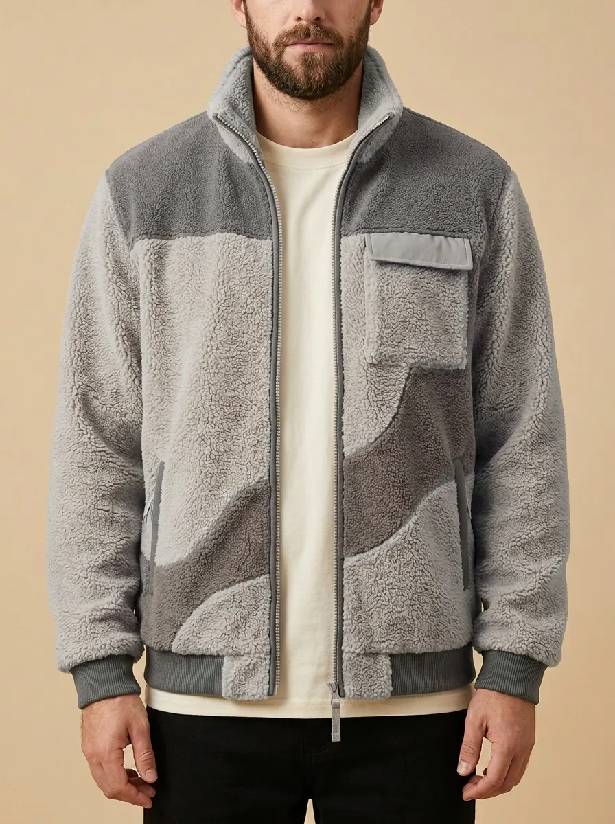 Colorblock Geometric Sherpa Fleece Jacket
