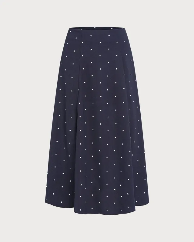 Navy Polka Dot Slit Midi Skirt