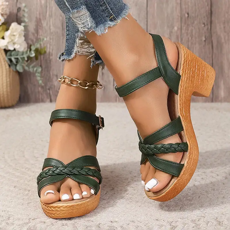 Braided Platform Ankle Strap Heeled Sandals