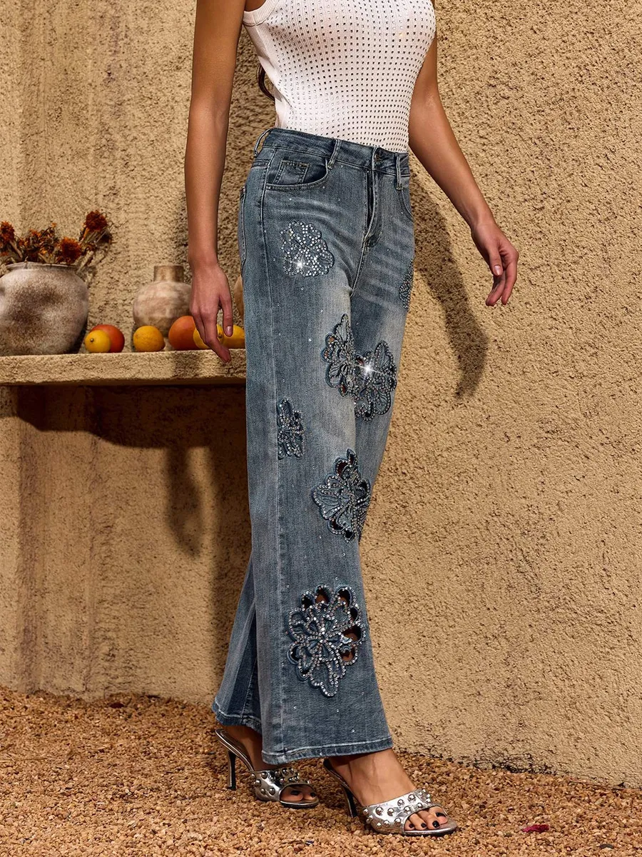 Lavinia Flower Rhinestone Straight Jeans