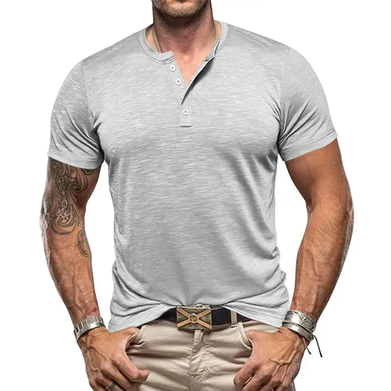 Men's Nano Athletic Henley T-Shirt Structured Slub Cotton With Short Button Placket