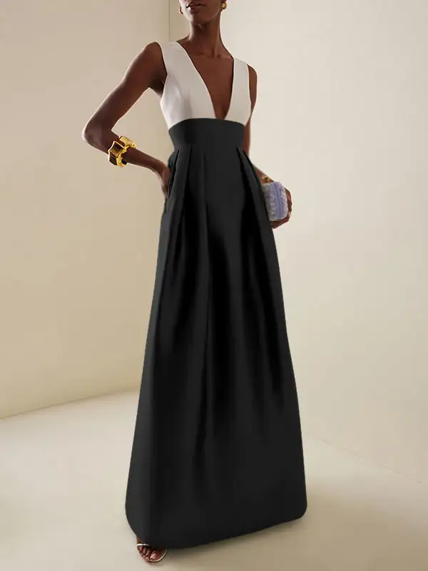 Deep Pleated Neck Maxi Dress