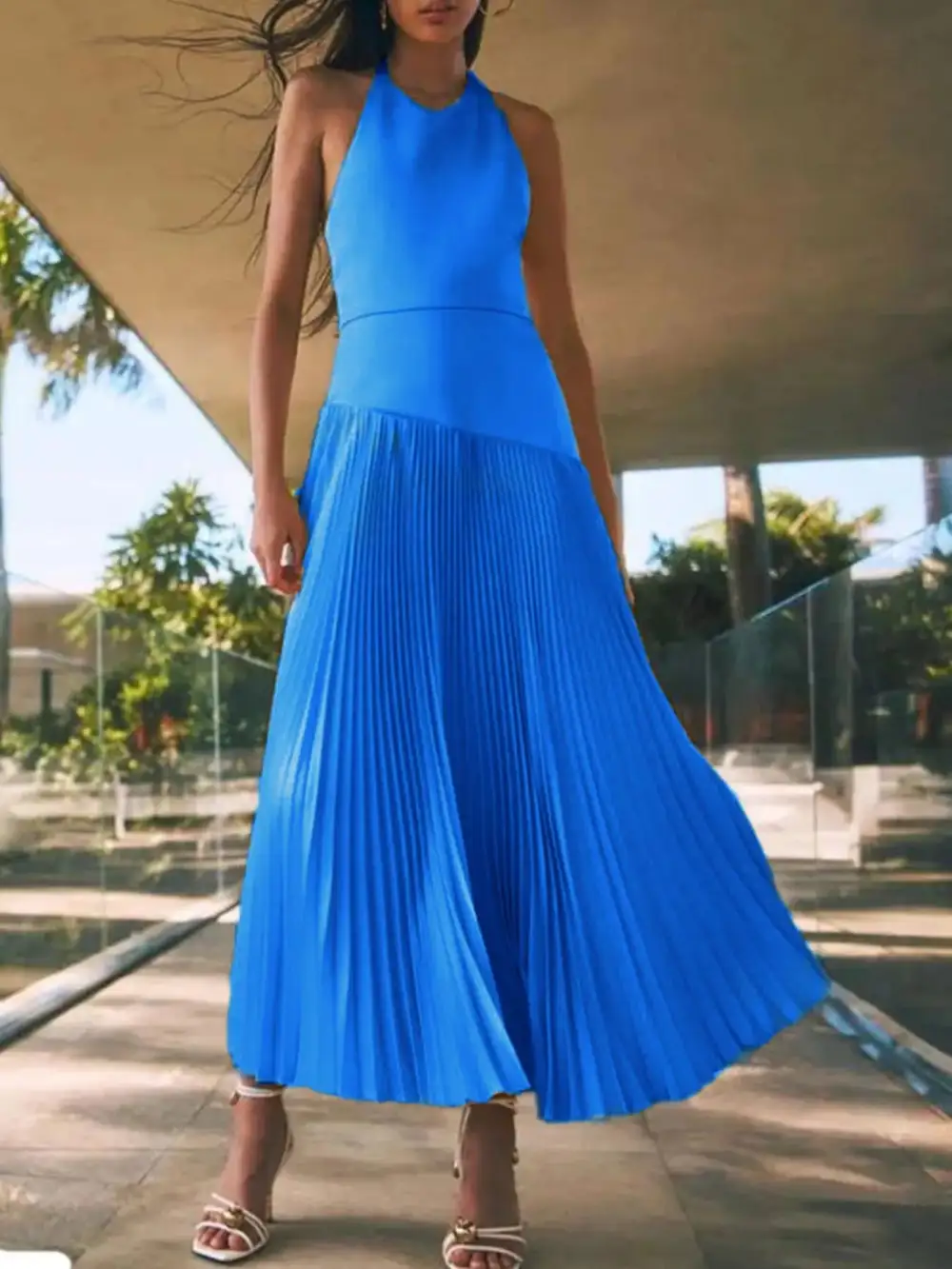 Pleated Halter Cotton Maxi Dress