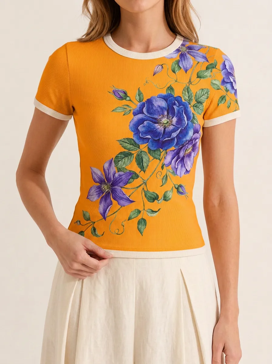 Women's Floral Lover Blue Clematis Printed Ribbed T-shirt