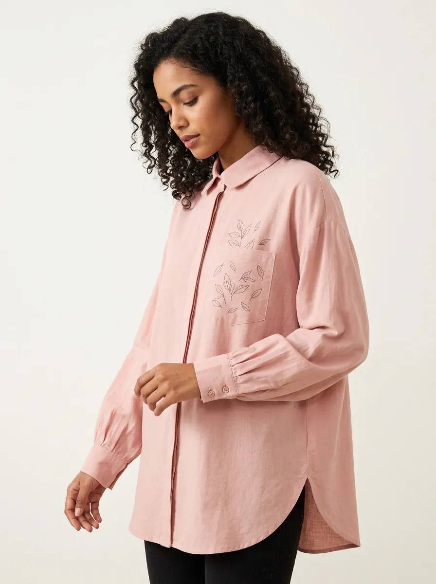 Women's Pink Botanical Leaf Pocket Printed Shirt