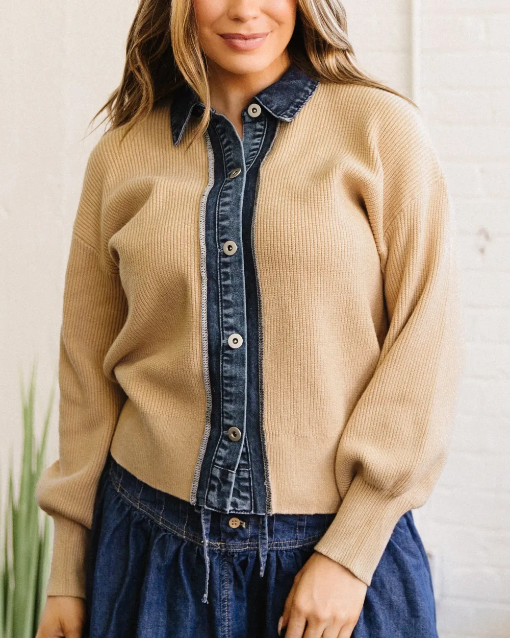 Shirt-Collar Long-Sleeve Drop-Shoulder Knit Cardigan