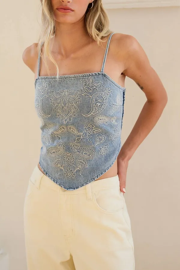 Denim Paisley Embroidery Bandana Top