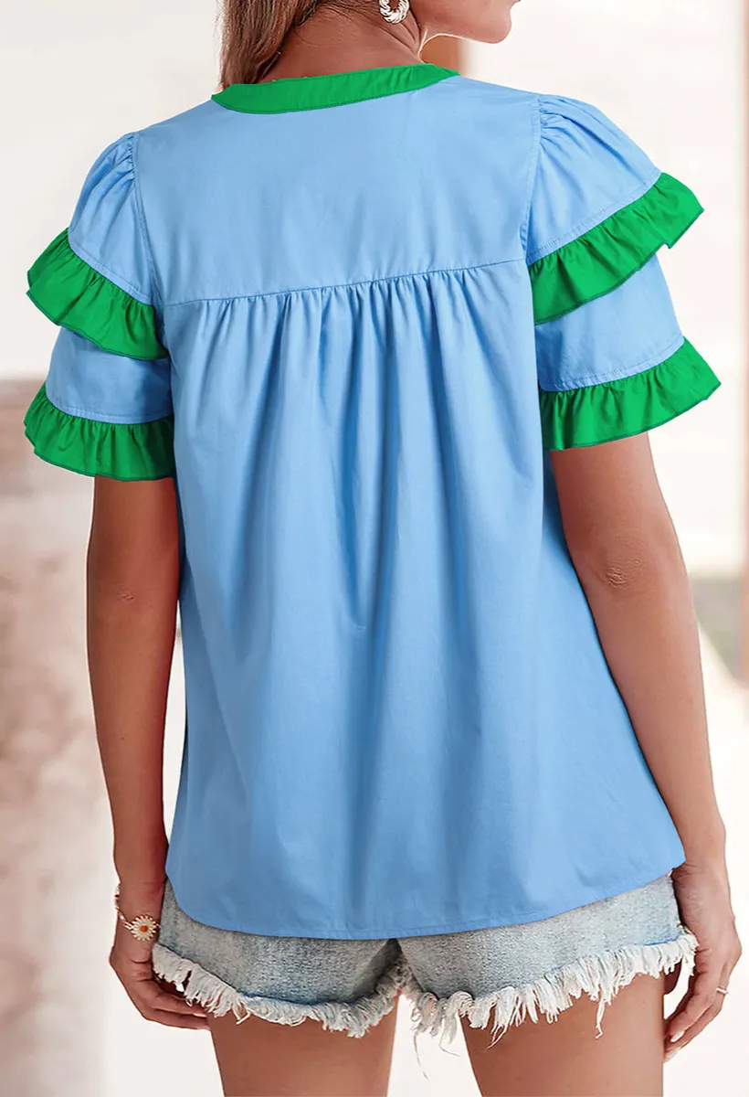 Frilled Notched Neck Short Sleeve Blouse