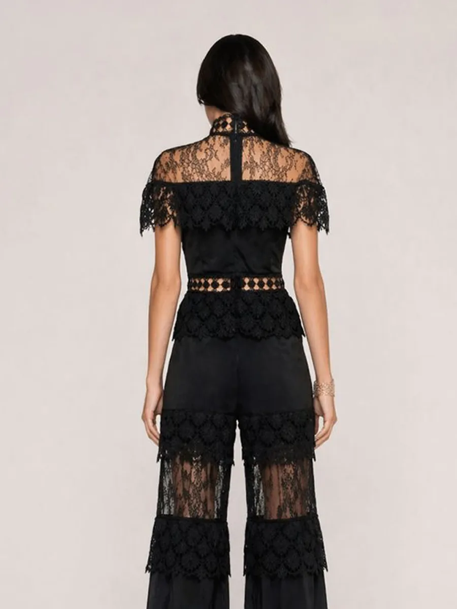 Ivana Elegant High-Neck Ruffled Short-Sleeved Lace Set