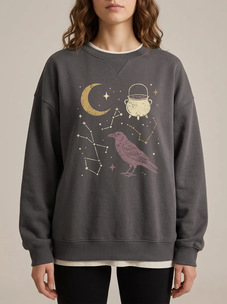 Women's Halloween Witchy Raven Moon Cauldron Constellation Printed Sweatshirt