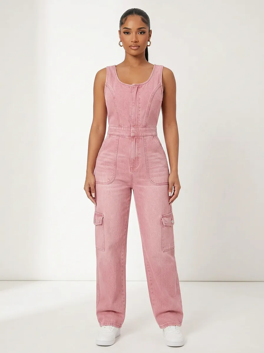 Pink Cargo Denim Jumpsuit