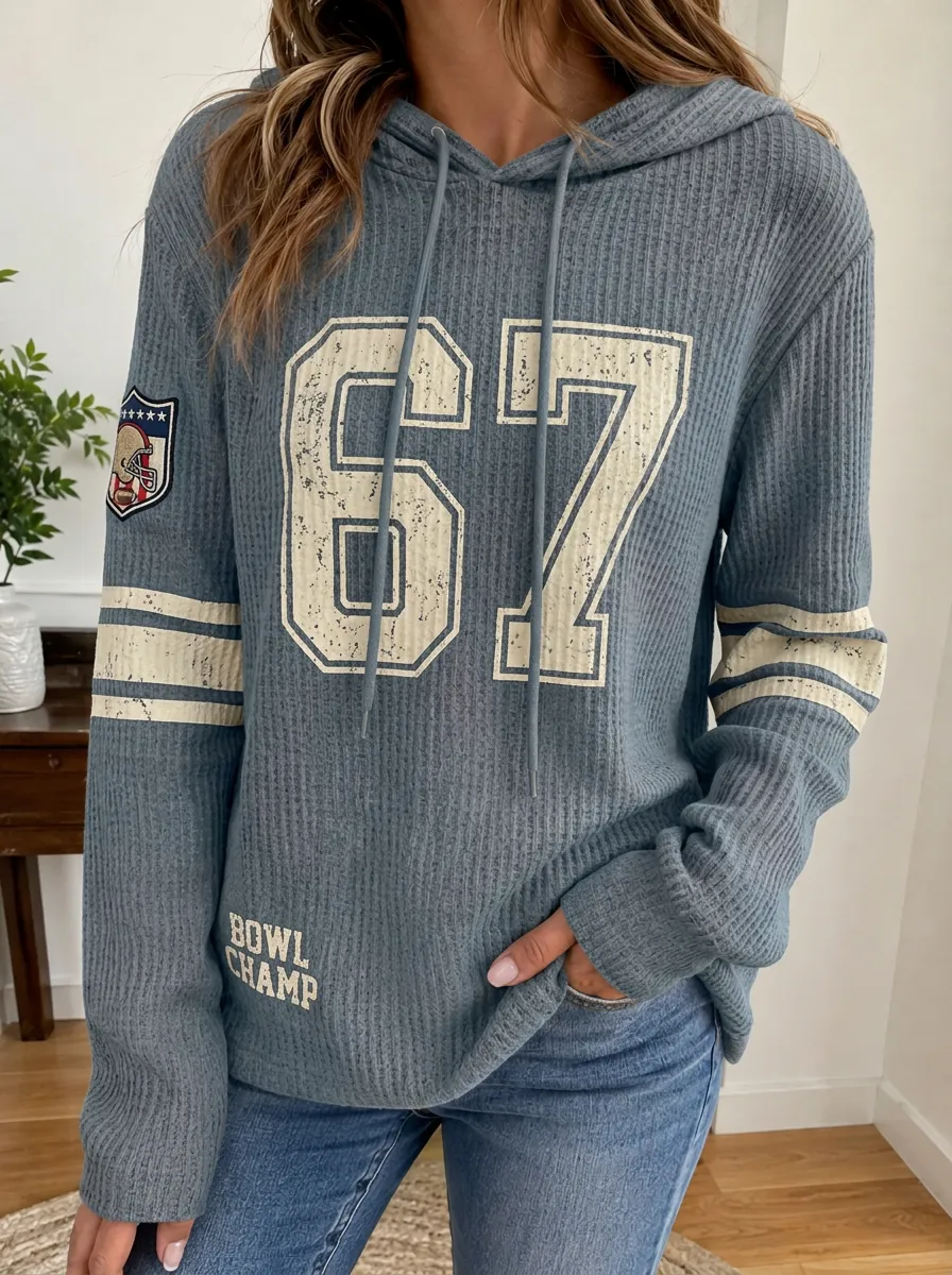 Women's Football Bowl Champ 67 Number Printed Waffle Knit Hoodie