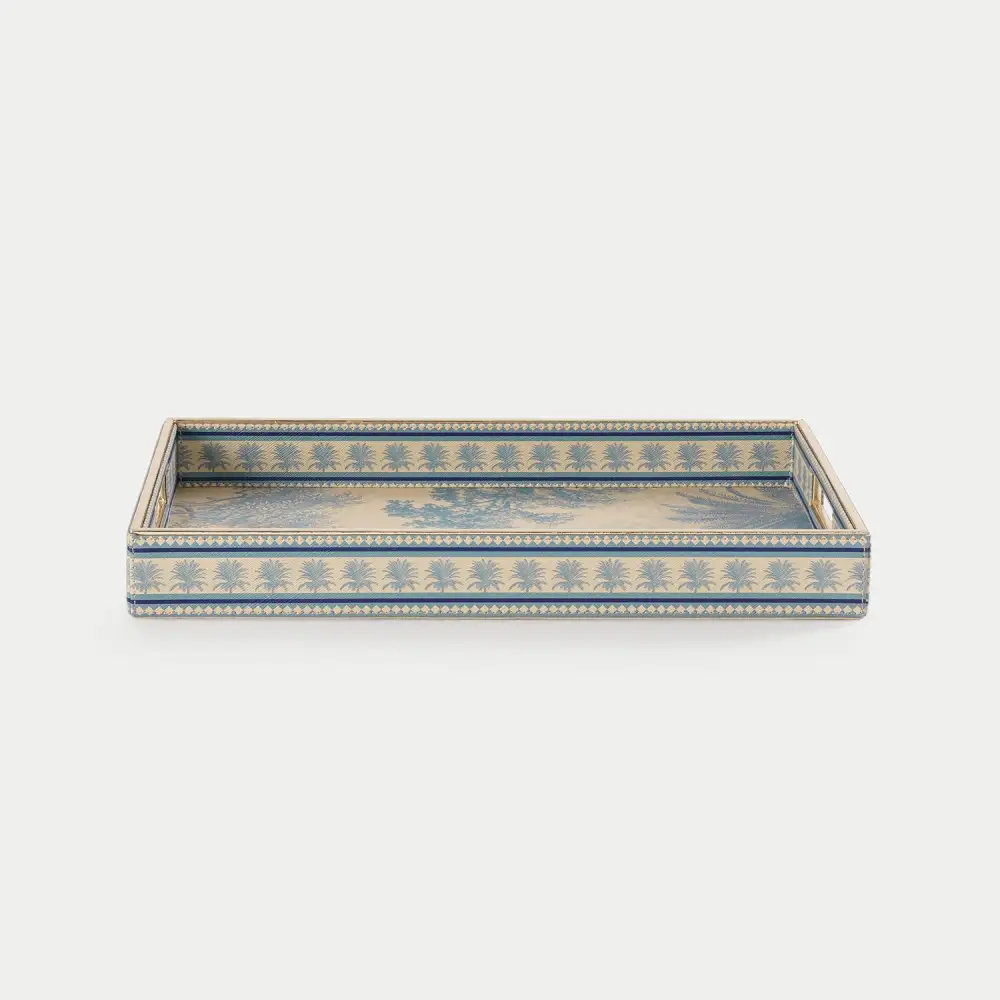 Blue Rectangular Faux Leather Tray