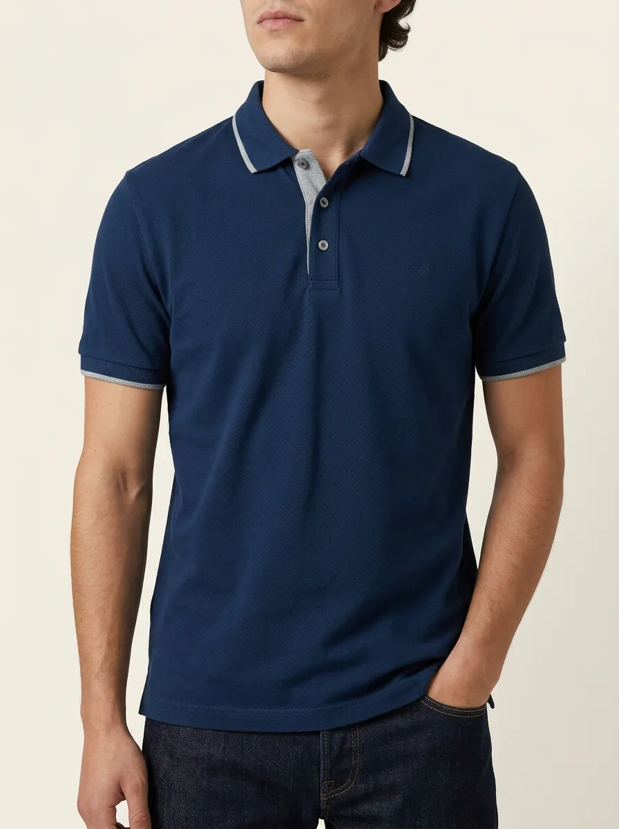 Men's Knit Textured Contrast-Collar Contrast-Trim Embroidered Polo Shirt