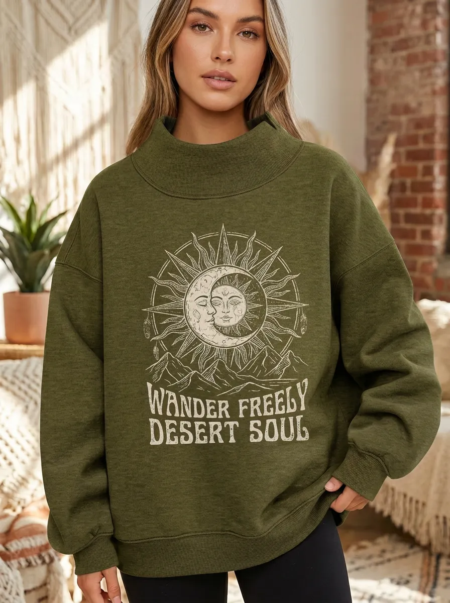 Celestial Sun Moon Desert Soul Mock Neck Sweatshirt