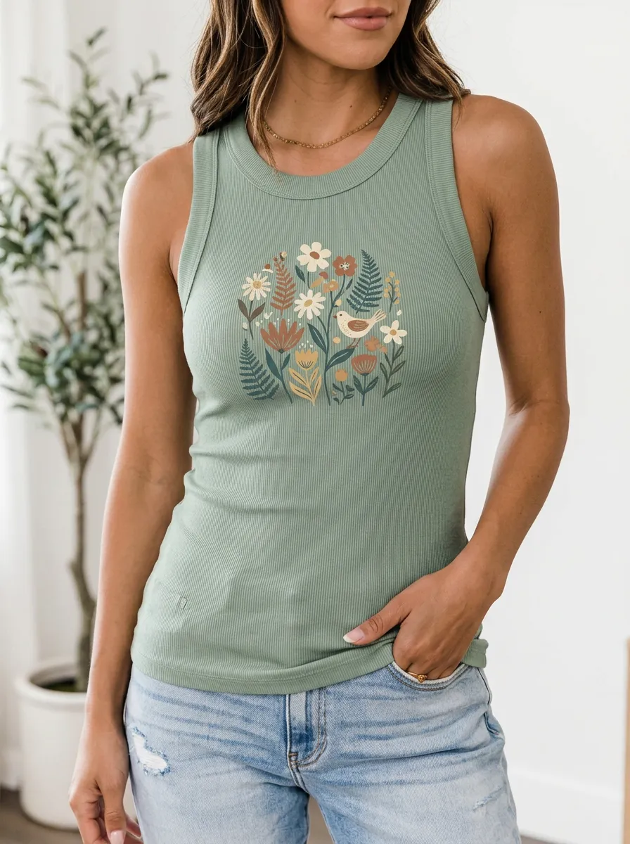Women's Nature Lover Floral Bird Printed Ribbed Tank Top