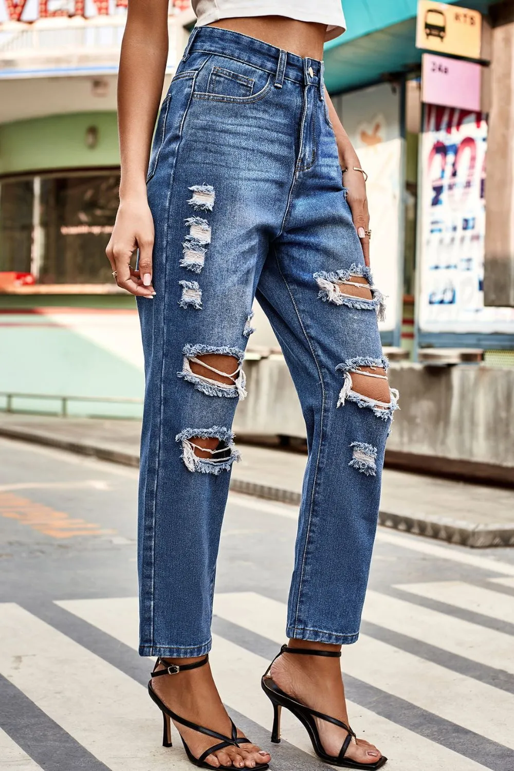 Distressed Buttoned Pocket Denim Jeans