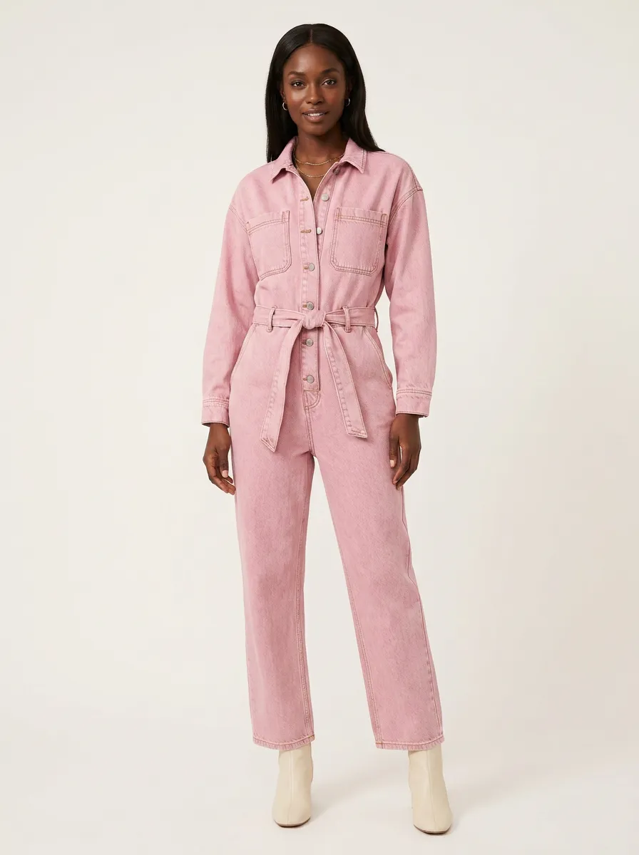 Pink Modern Solid Belted Denim Jumpsuit