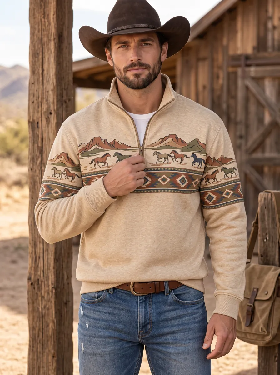 Frontier Horse Landscape Finish Men's Western Sweatshirt