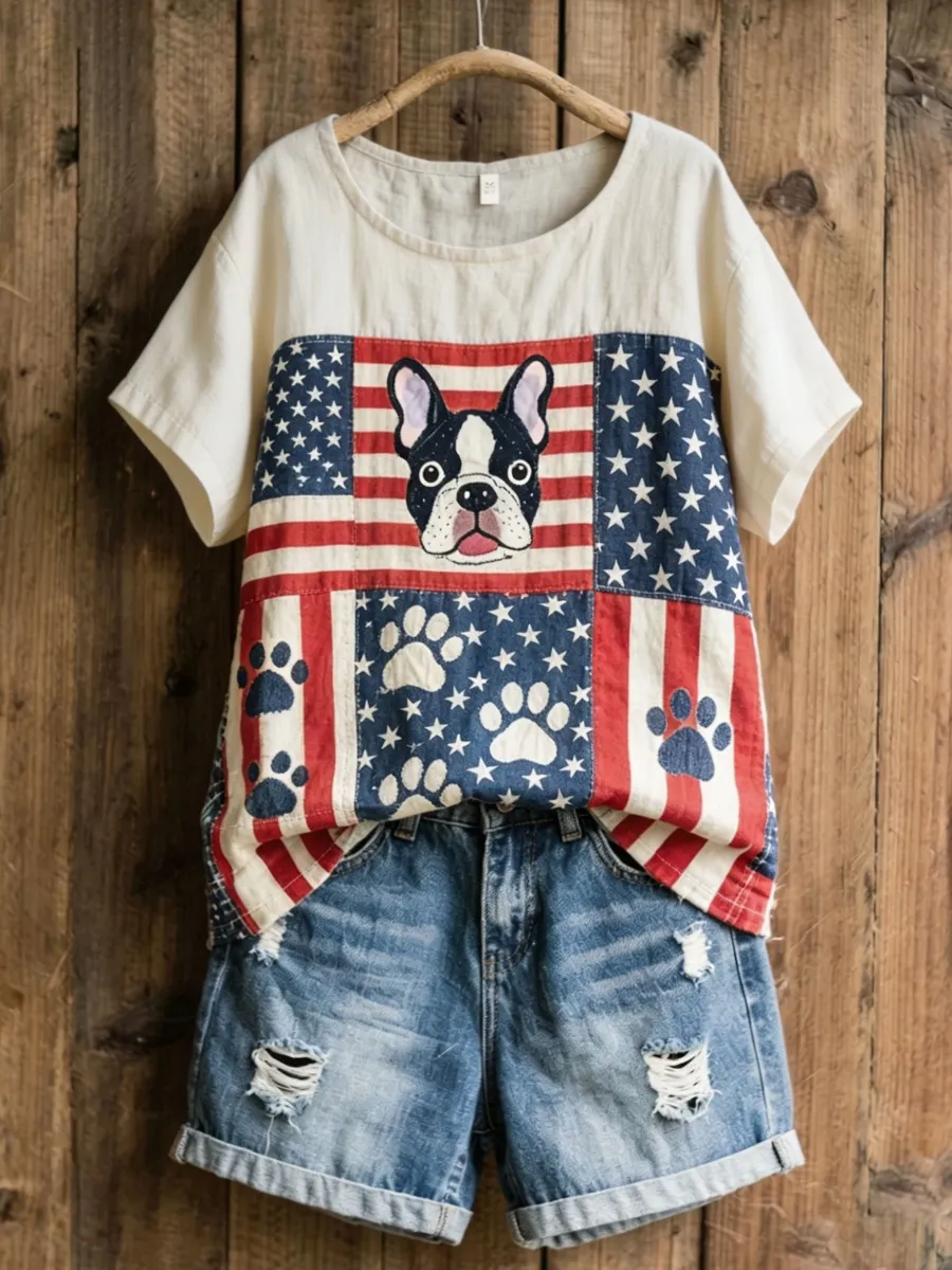 Women's Animal Paw Print Patchwork Design T-Shirt