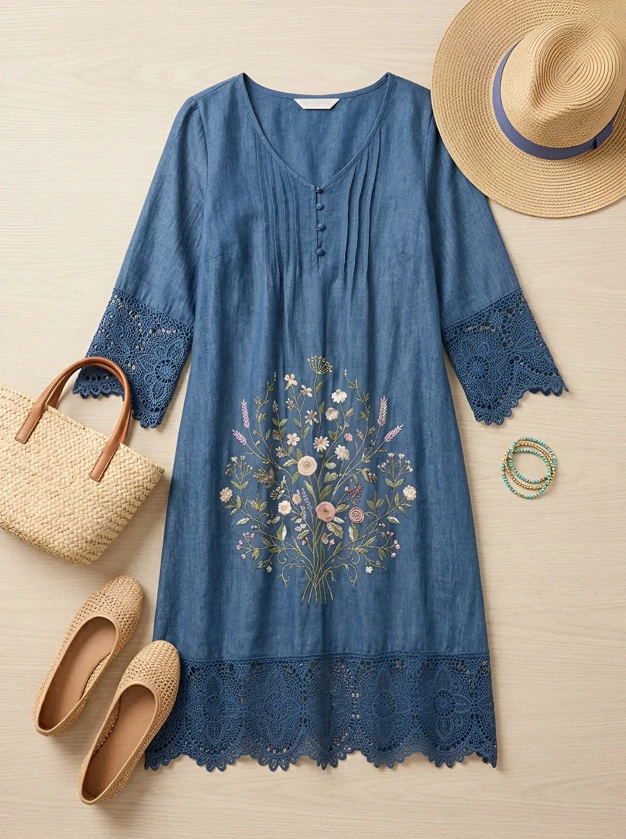 Women's Summer Vacation Floral Embroidery Lace Trim Printed Dress