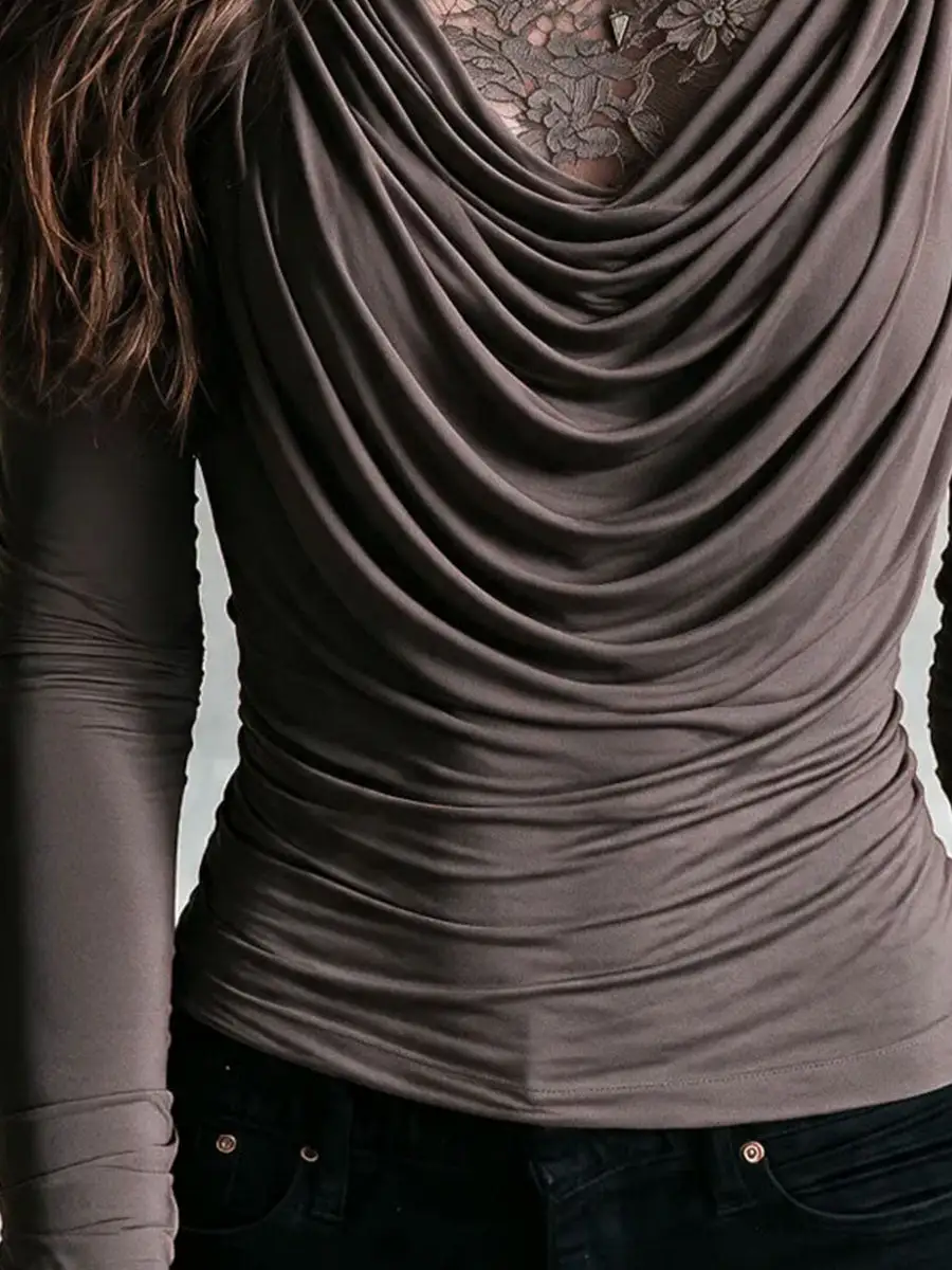 Boho Taupe Lace Mock Neck Draped Cowl Long Sleeve Two-in-One Top
