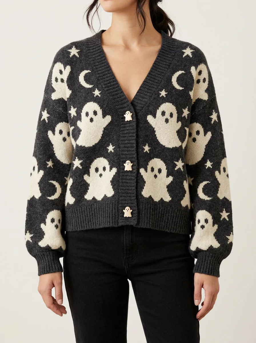 Women's Halloween Ghost Moon Star Pattern Knitted Cardigan