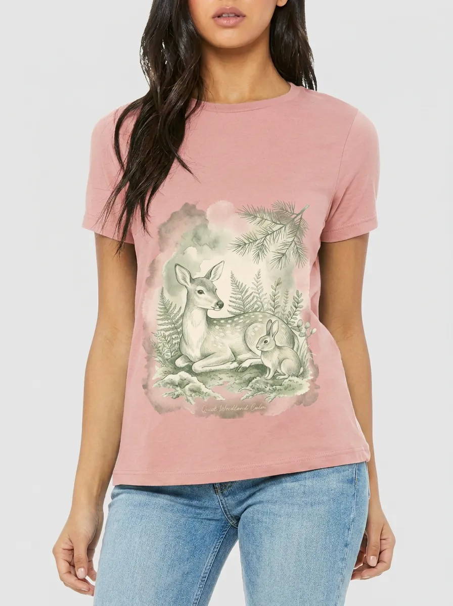 Women's Nature Lover Deer and Rabbit Woodland Printed T-shirt