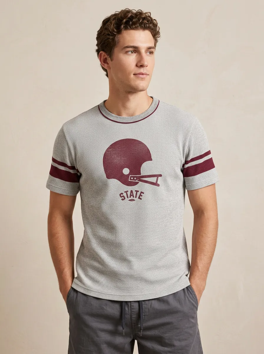 Men's Football Fan State Helmet Graphic Printed Waffle T-shirt