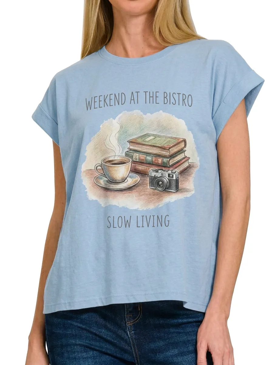 Women's Slow Living Coffee Book Camera Printed T-shirt