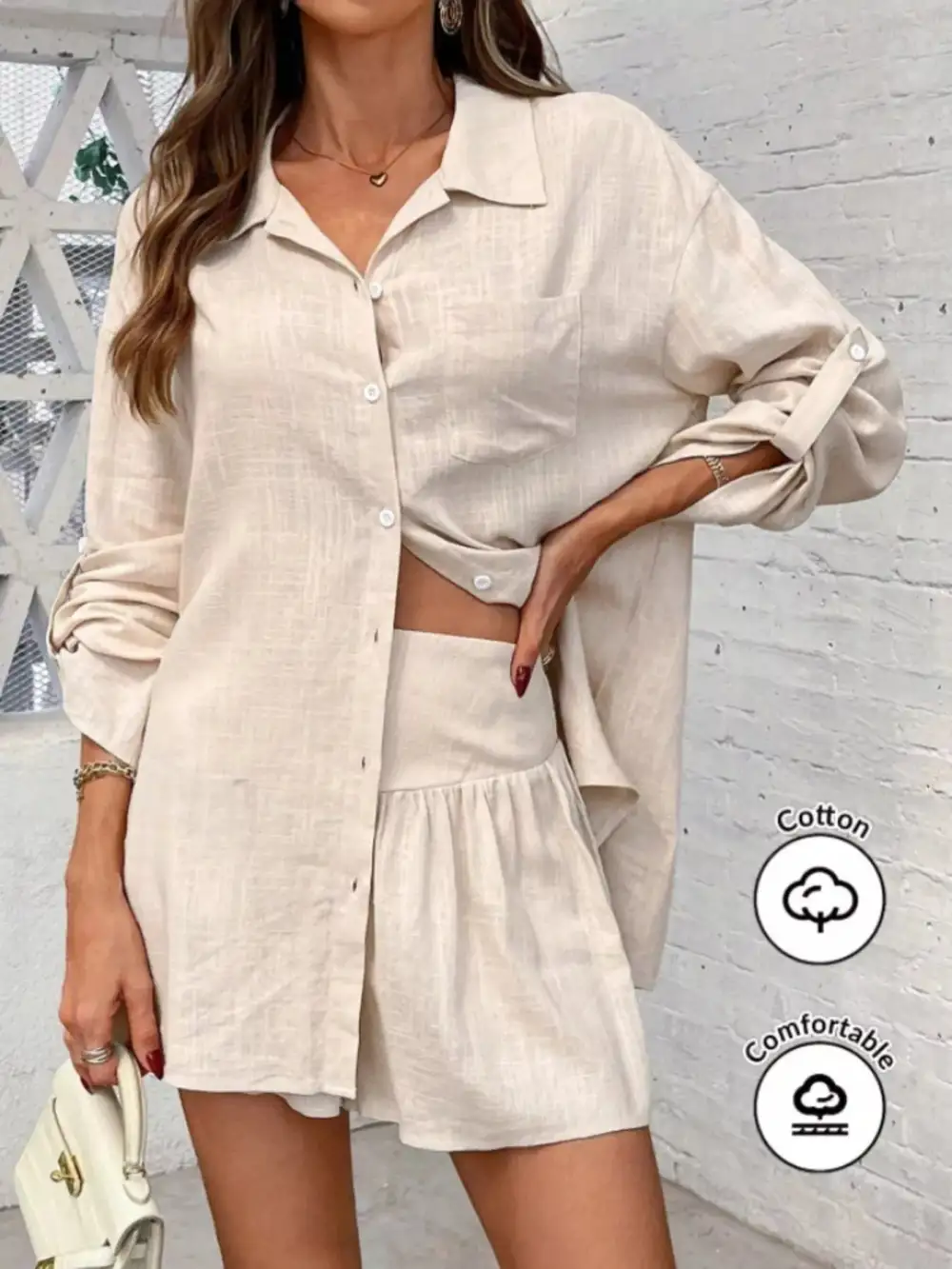 Button Up Roll Up Sleeve Shirt Shorts Set
