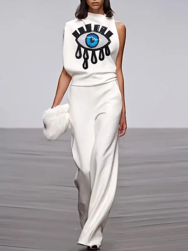 Applique Asymmetric Embroidered Figure Mock Neck Blouse