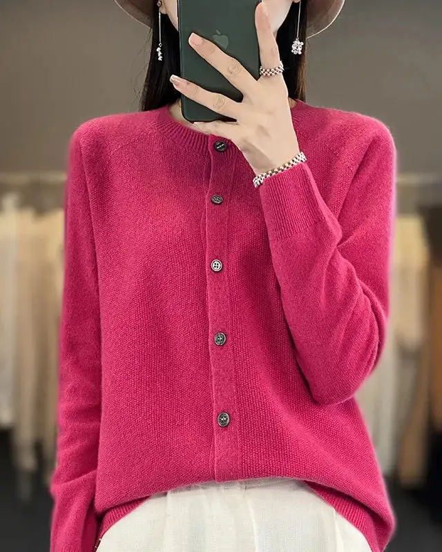 Refined Wool Button-Front Round-Neck Cardigan