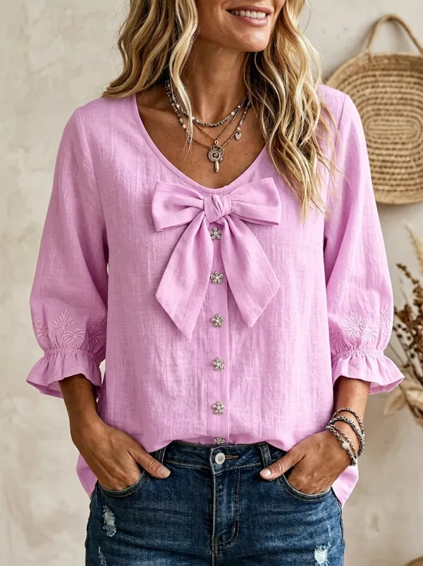Women's Scoop Neck Bow-detail Floral Embroidered Blouse