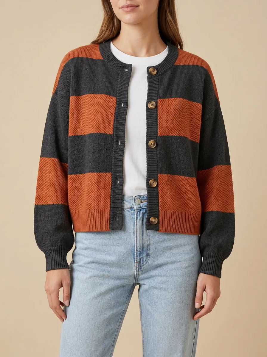 Sport Textured Rugby Striped Knit Cardigan